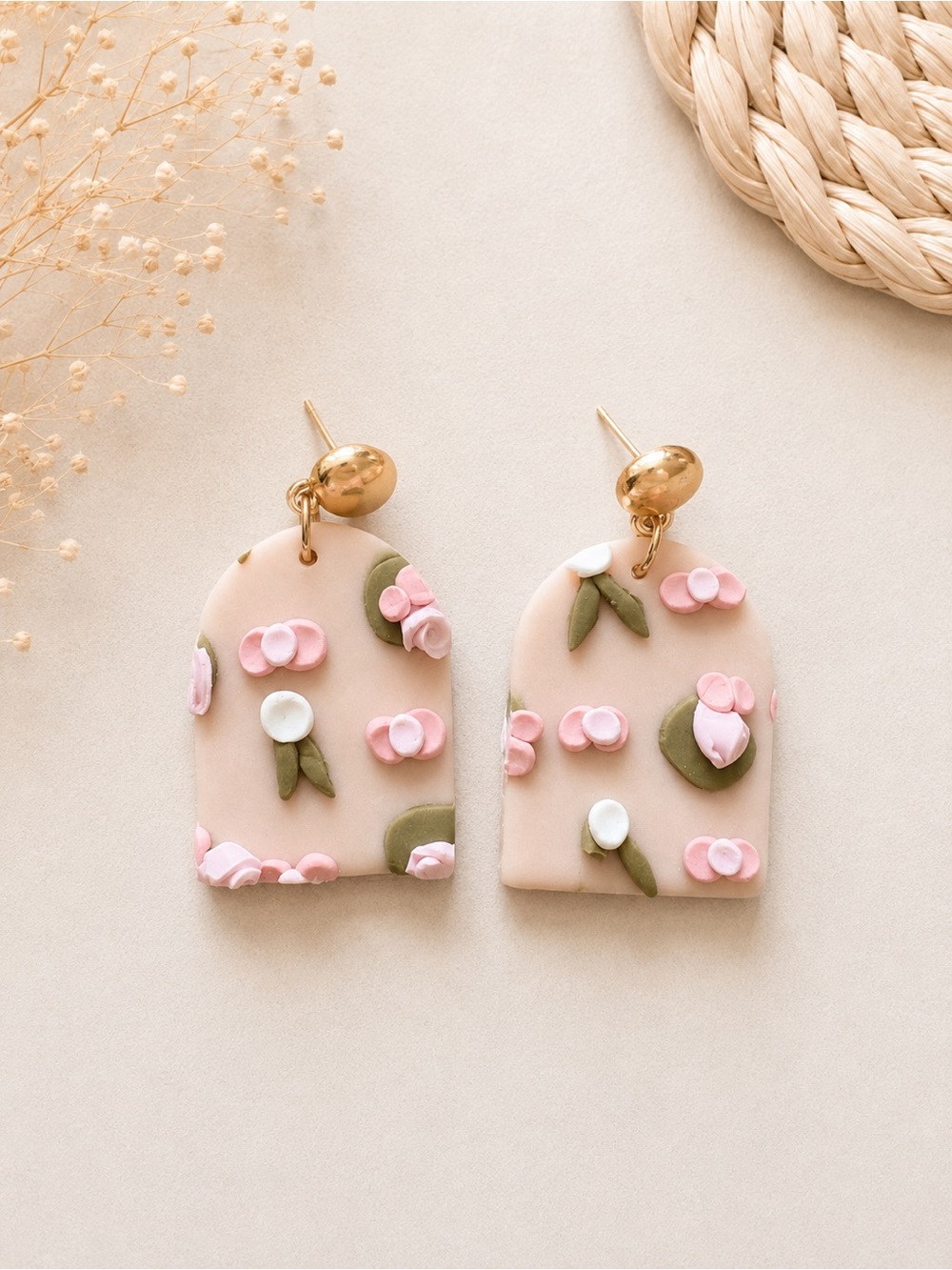 Blush Pink Floral Arch Drop Earrings with Gold Studs